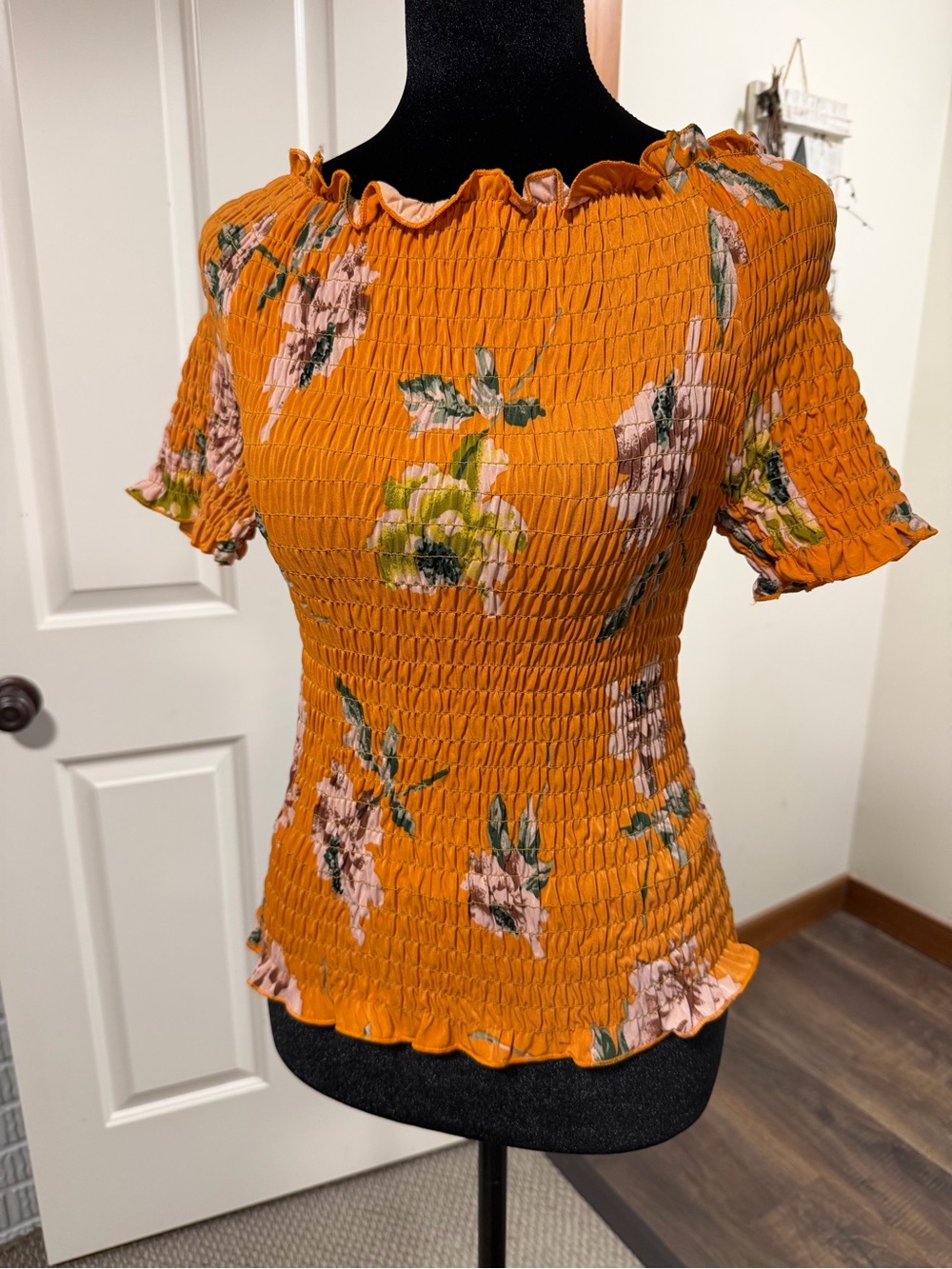 Ace Fashion Floral Smocked Top Mustard Orange Size Medium